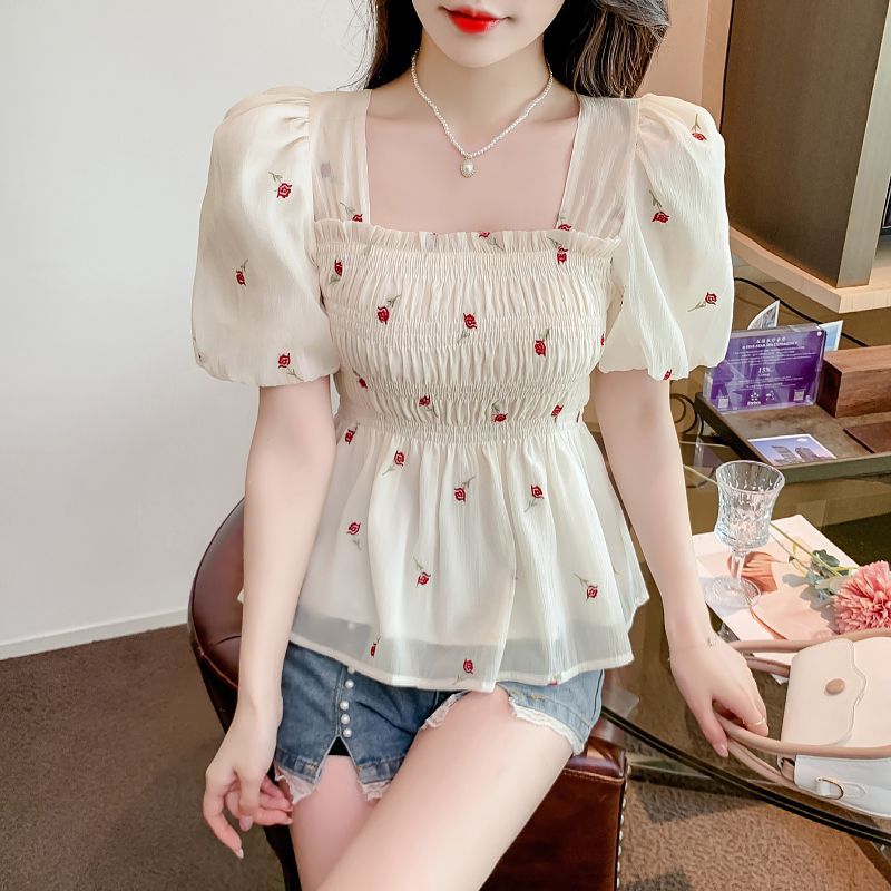 french style floral chiffon top short sleeve tops