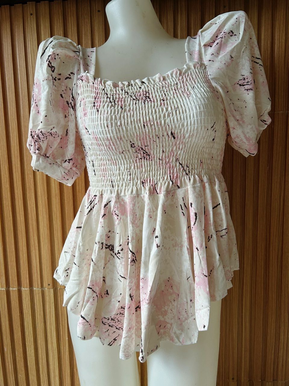koran floral puff sleeve top pink real picture